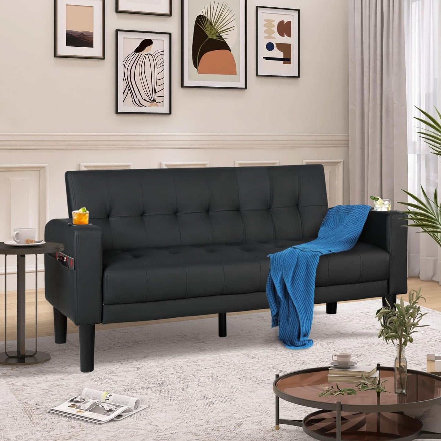 Mid-Century Modern Loveseat with USB Ports and Cup Holders
