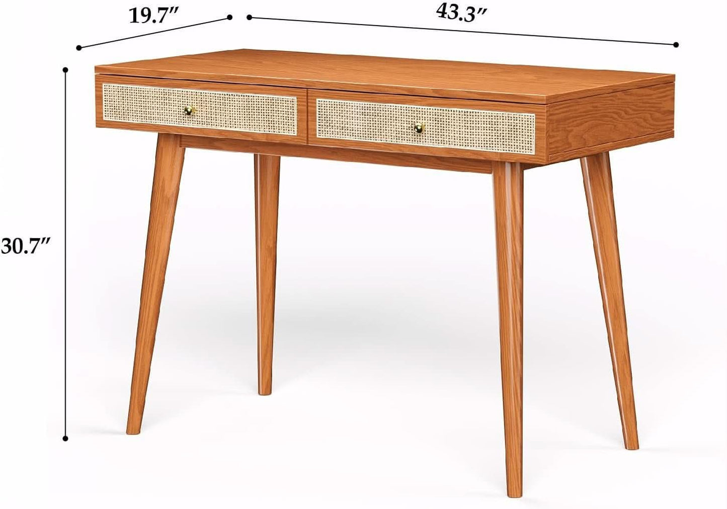 Mid Century Modern Solid Wood Desk With Drawers 45 Inch Rattan Writing Desk