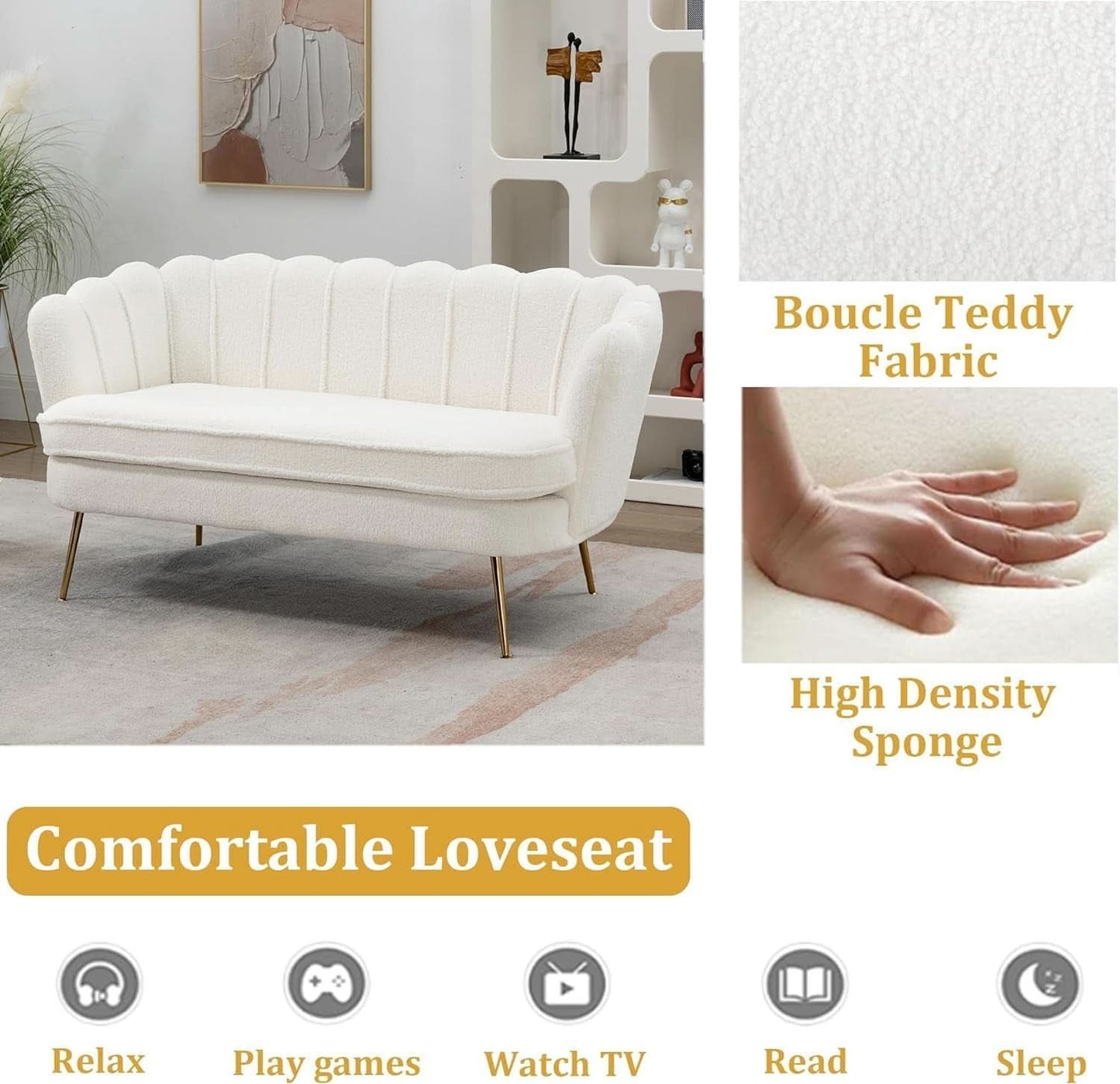 Modern Boucle Loveseat Sofa with Gold Legs for Small Spaces