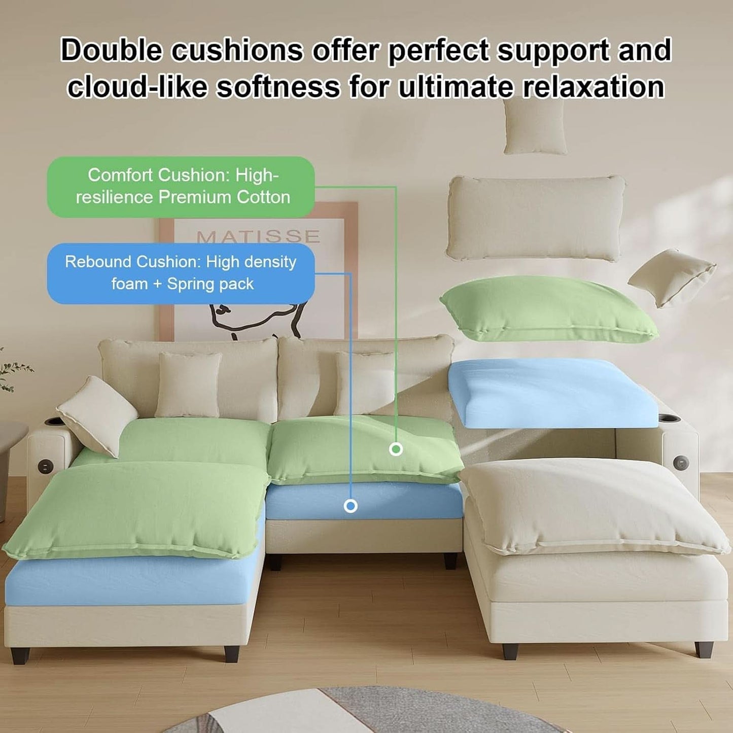 Modern Modular Sectional Sofa with Ottoman and Pillows