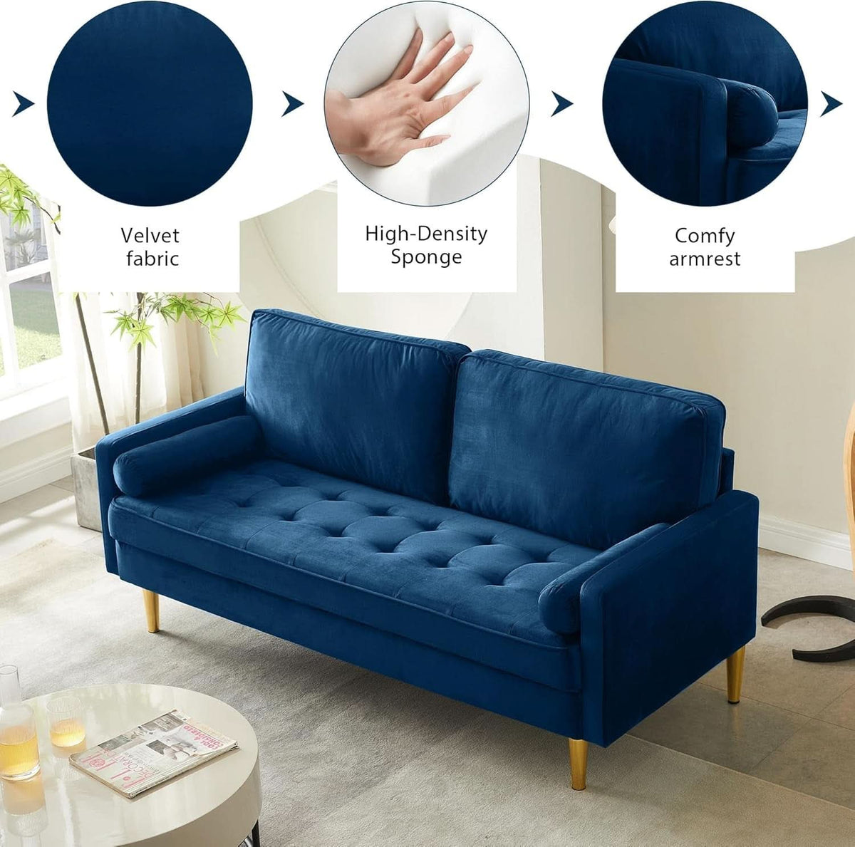 Modern Velvet Loveseat Sofa with Pillows for Comfort