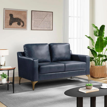 Navy Blue Faux Leather Loveseat With High Density Foam