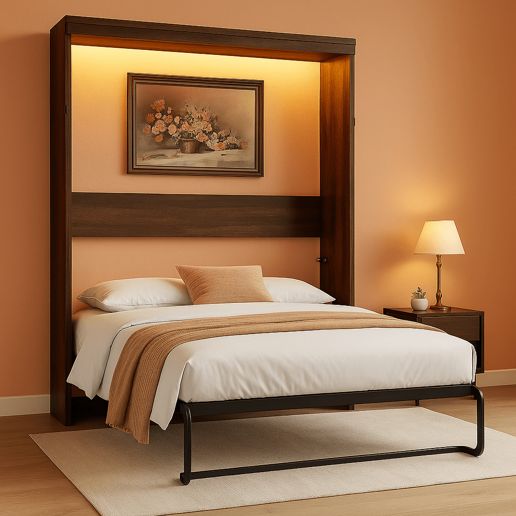 Queen Size Murphy Bed With LED Lights Rustic White Finish
