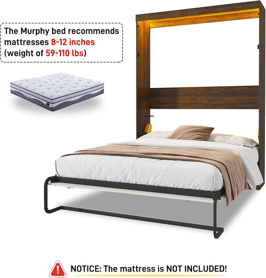 Queen Size Murphy Bed With LED Lights Rustic White Finish