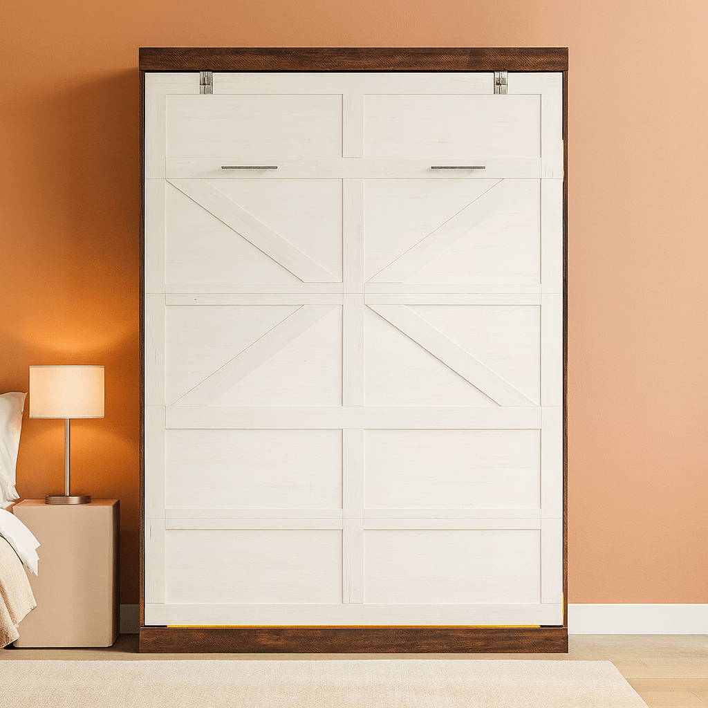Queen Size Murphy Bed With LED Lights Rustic White Finish