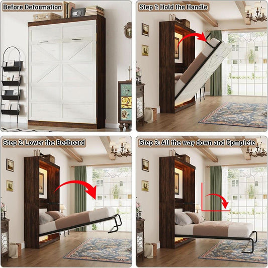 Queen Size Murphy Bed With LED Lights Rustic White Finish