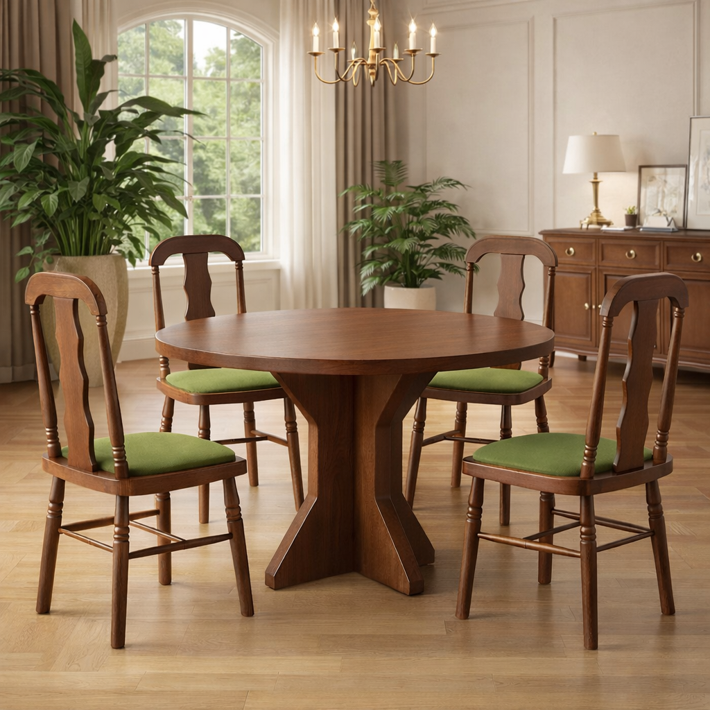 47" Round Dining Table Set with 4 Upholstered Carved Back Chairs, Brown Dining Room Set