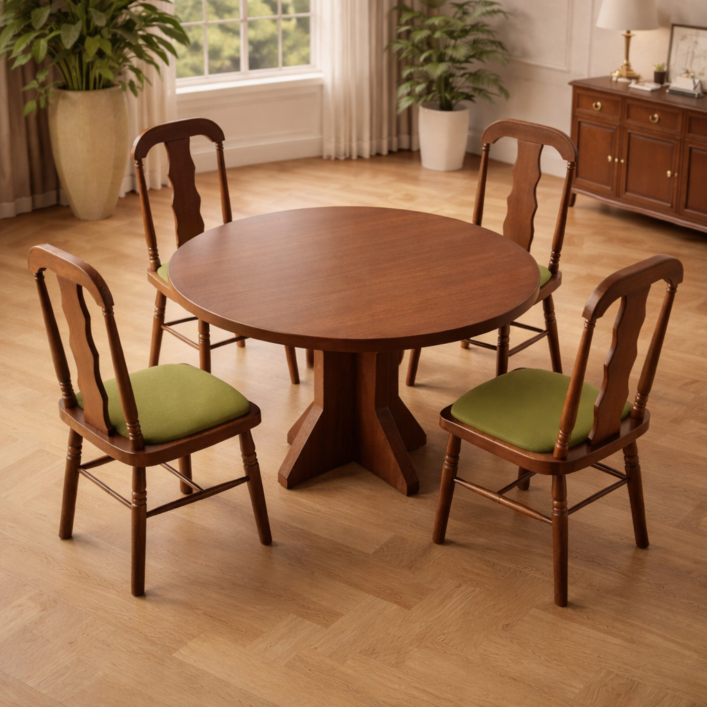47" Round Dining Table Set with 4 Upholstered Carved Back Chairs, Brown Dining Room Set
