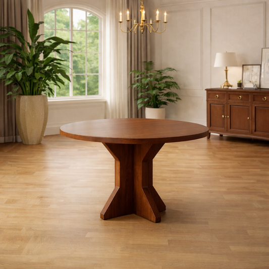 47" Round Dining Table Set with 4 Upholstered Carved Back Chairs, Brown Dining Room Set