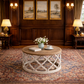 Beige Chenille 85" Sofa & Round Farmhouse Coffee Table Set, 2-Seater Living Room Bundle