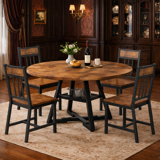51 Inch Round Dining Table with 4 Industrial Chairs Rustic Brown Kitchen Dining Set