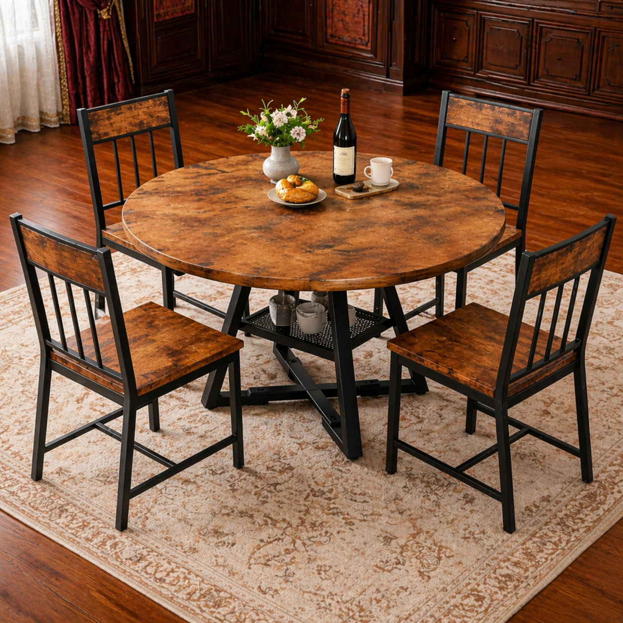 51 Inch Round Dining Table with 4 Industrial Chairs Rustic Brown Kitchen Dining Set