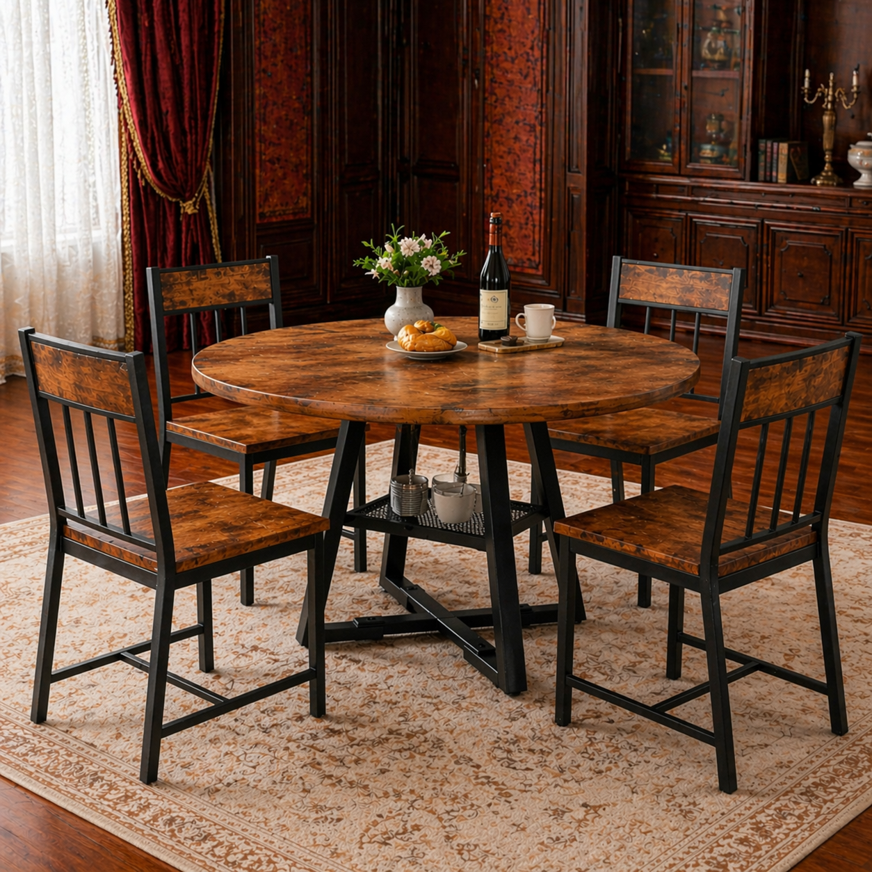 51 Inch Round Dining Table with 4 Industrial Chairs Rustic Brown Kitchen Dining Set