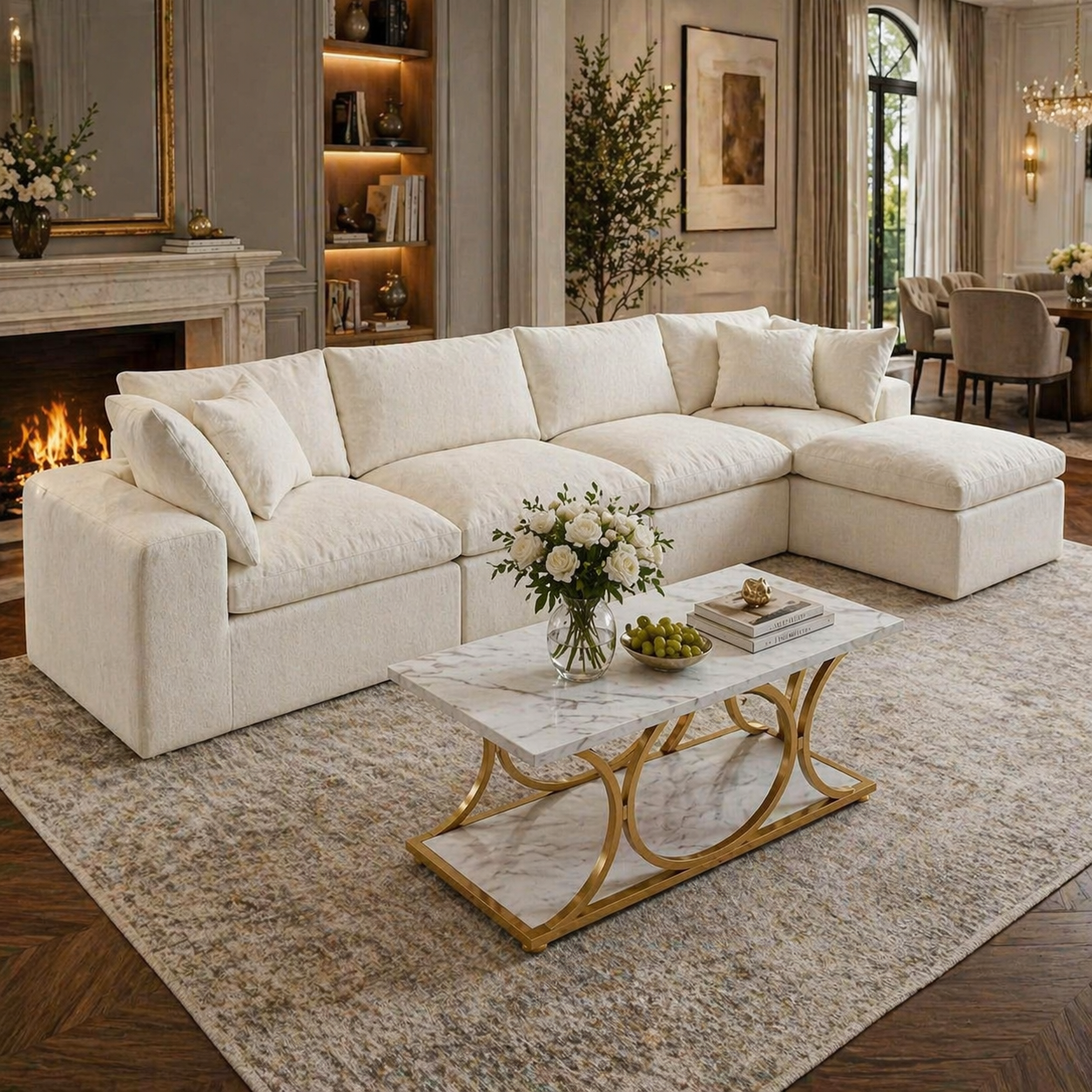 130" L-Shaped Cloud Sectional Sofa with Faux Marble Coffee Table 2-Piece Living Room Bundle White/Gold