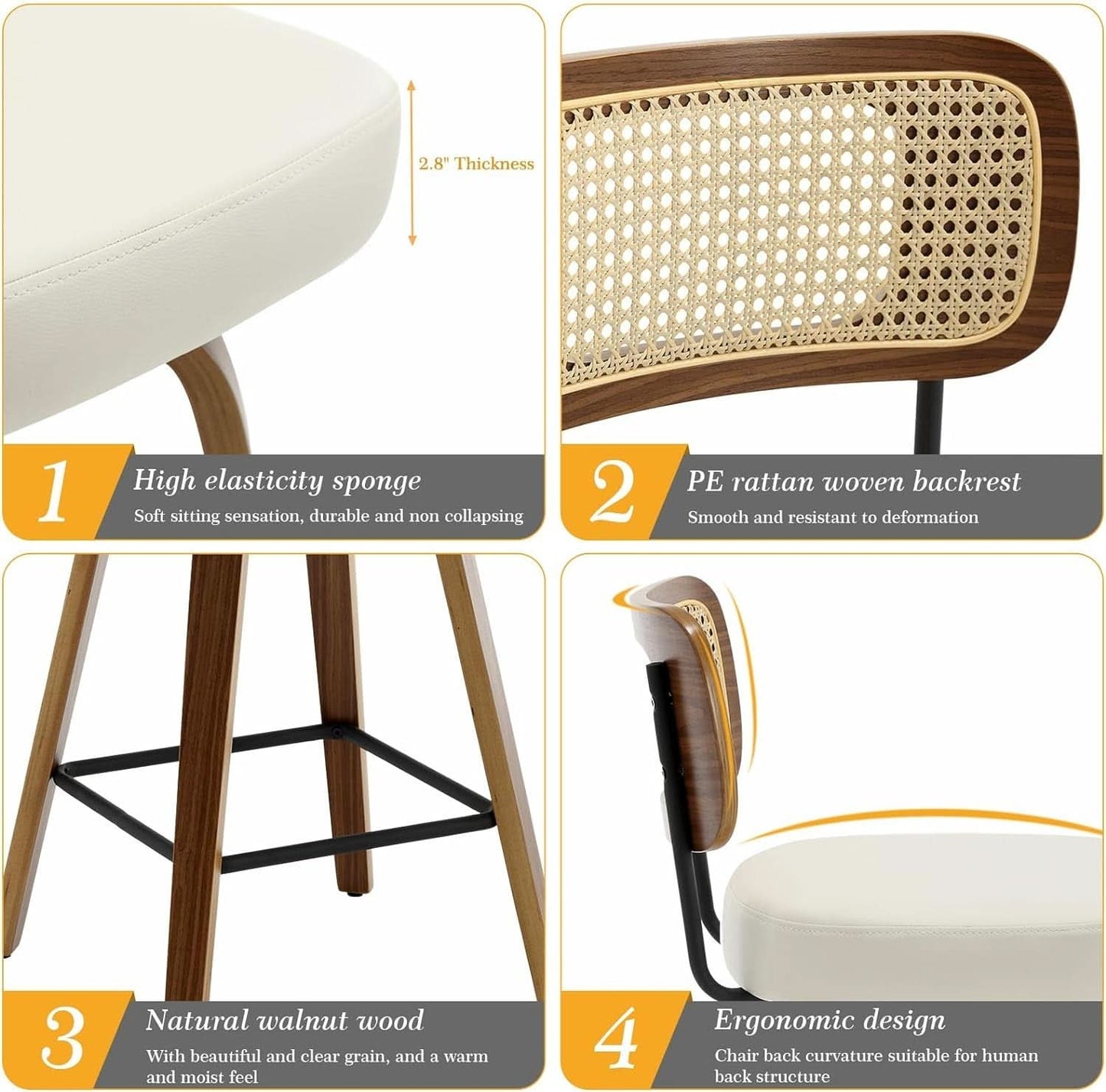 Swivel Counter Height Bar Stools Set of 4 Cream Upholstered Rattan Back