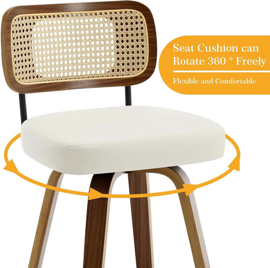 Swivel Counter Height Bar Stools Set of 4 Cream Upholstered Rattan Back