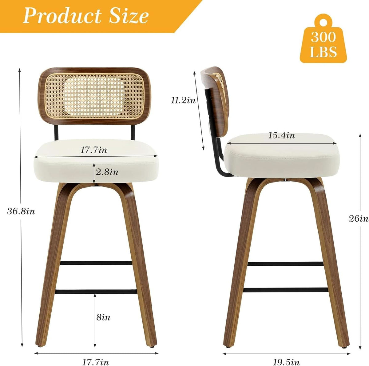 Swivel Counter Height Bar Stools Set of 4 Cream Upholstered Rattan Back