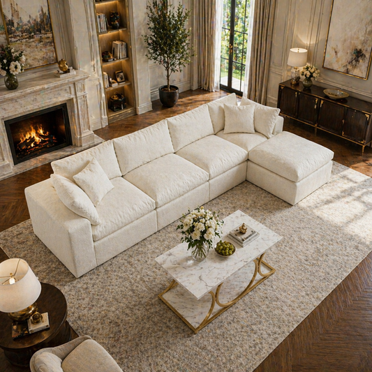 130" L-Shaped Cloud Sectional Sofa with Faux Marble Coffee Table 2-Piece Living Room Bundle White/Gold