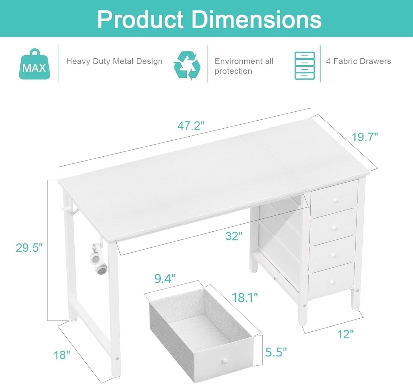White Computer Desk With Fabric Drawers 47 Inch Reversible Study Desk