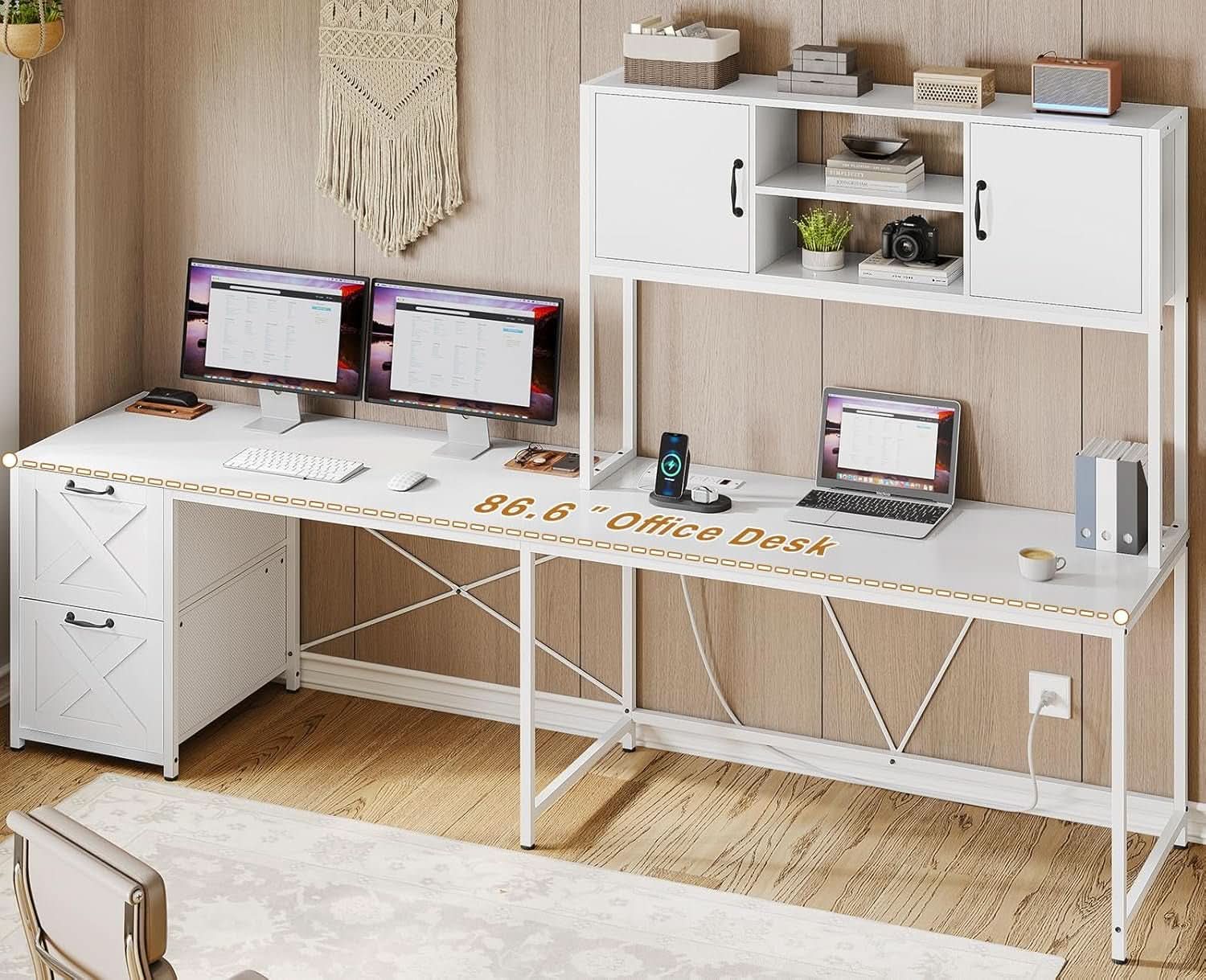 White L Shaped Desk With Fabric File Drawers And Storage-2