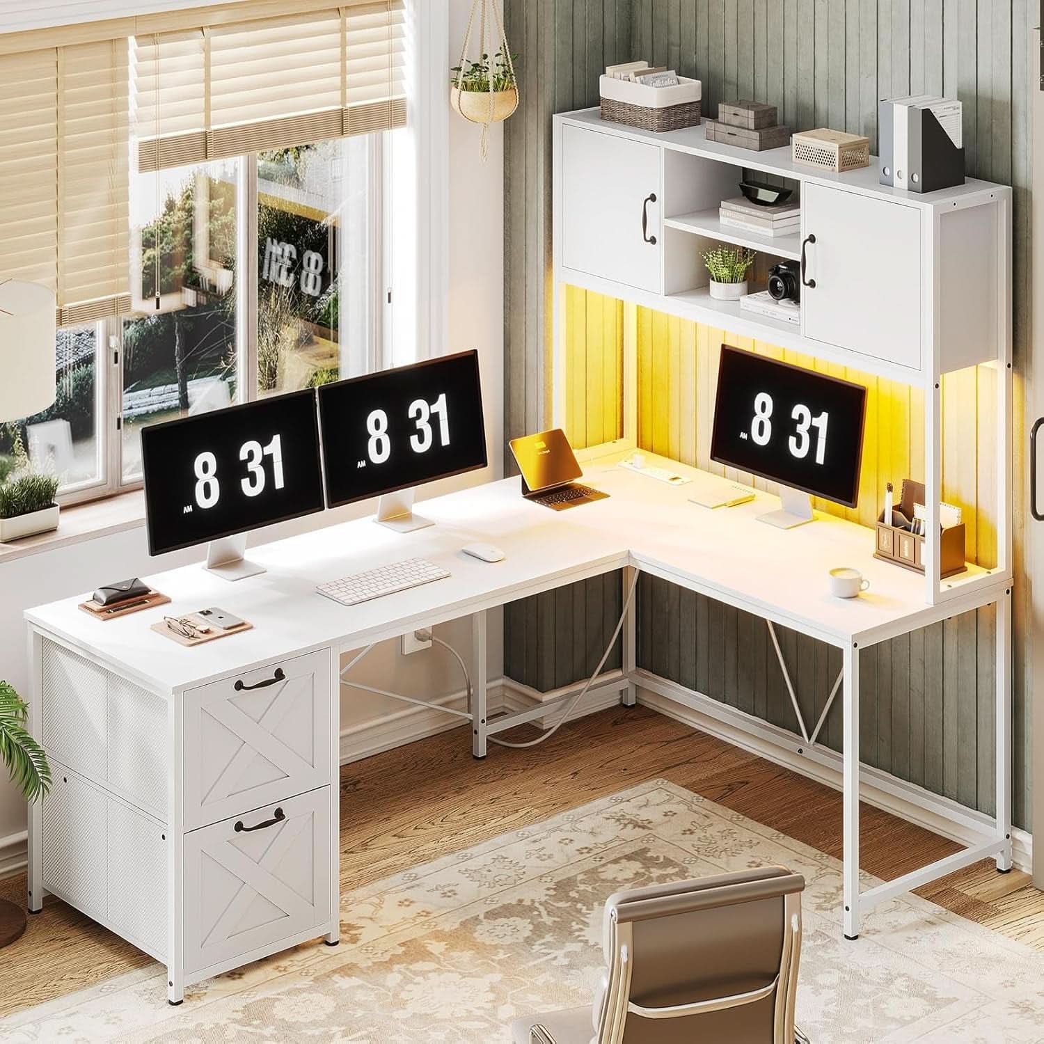 White L Shaped Desk With Fabric File Drawers And Storage-0