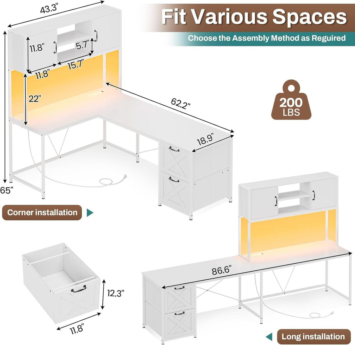 White L Shaped Desk With Fabric File Drawers And Storage-1
