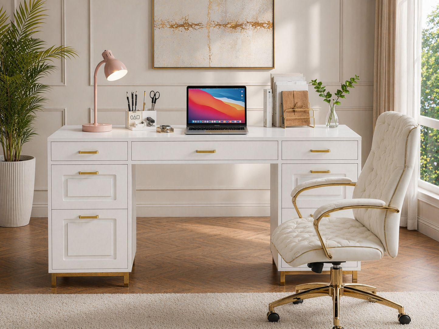 White Gold Executive Desk with 7 Drawers + Matching Padded Office Chair Set