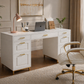 White Gold Executive Desk with 7 Drawers + Matching Padded Office Chair Set
