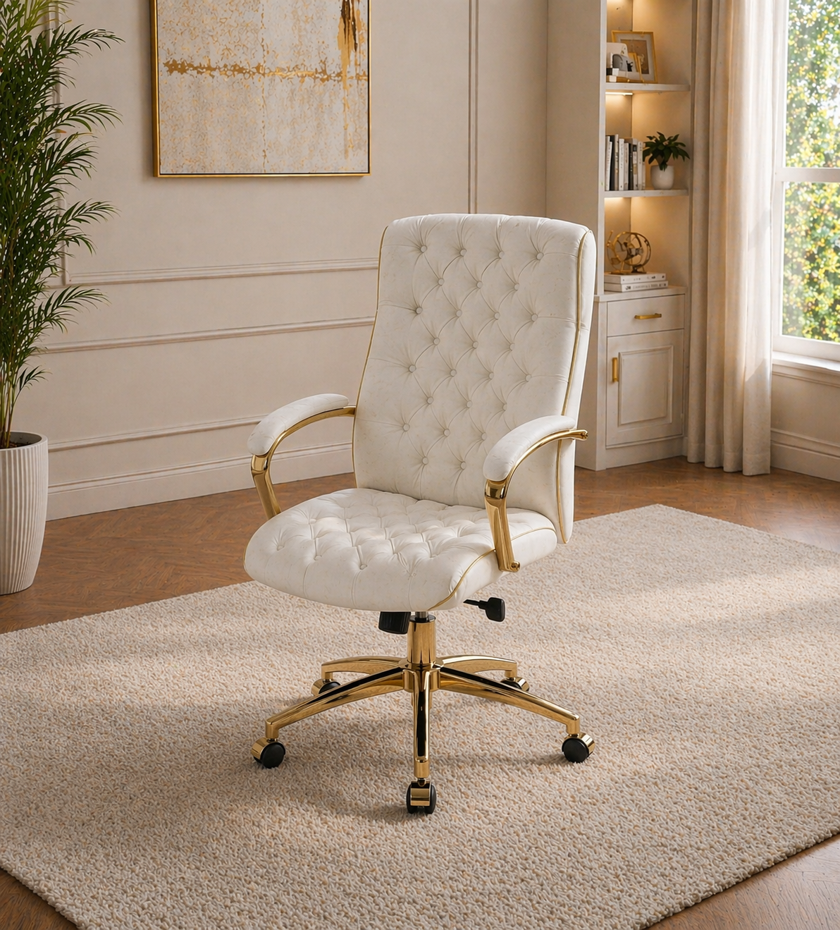 White Gold Executive Desk with 7 Drawers + Matching Padded Office Chair Set