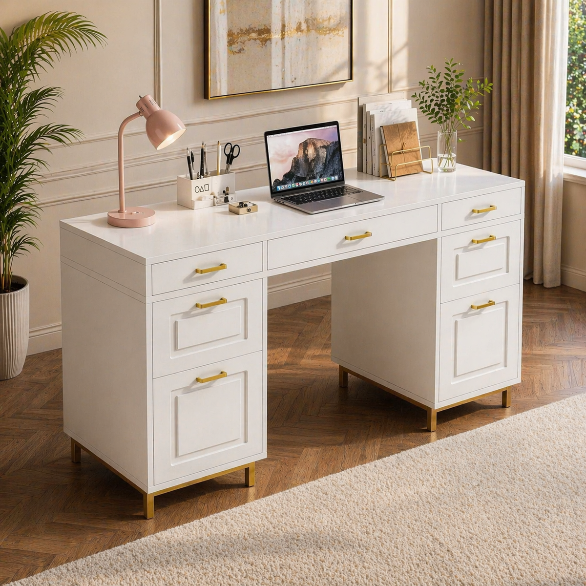 White Gold Executive Desk with 7 Drawers + Matching Padded Office Chair Set