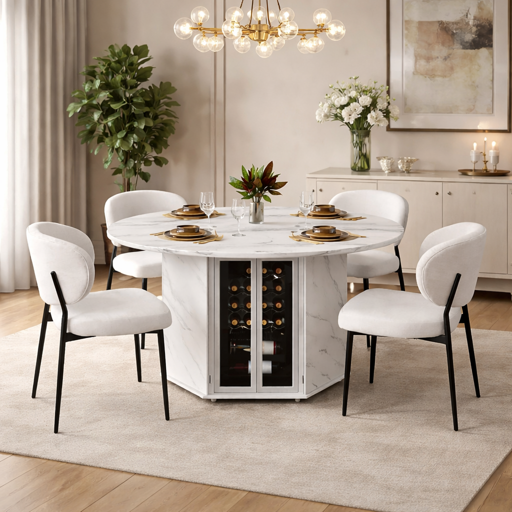 47" Round Faux Marble Dining Table Set with Storage & 4 Upholstered Chairs White