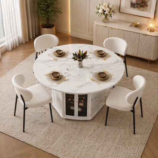 47" Round Faux Marble Dining Table Set with Storage & 4 Upholstered Chairs White