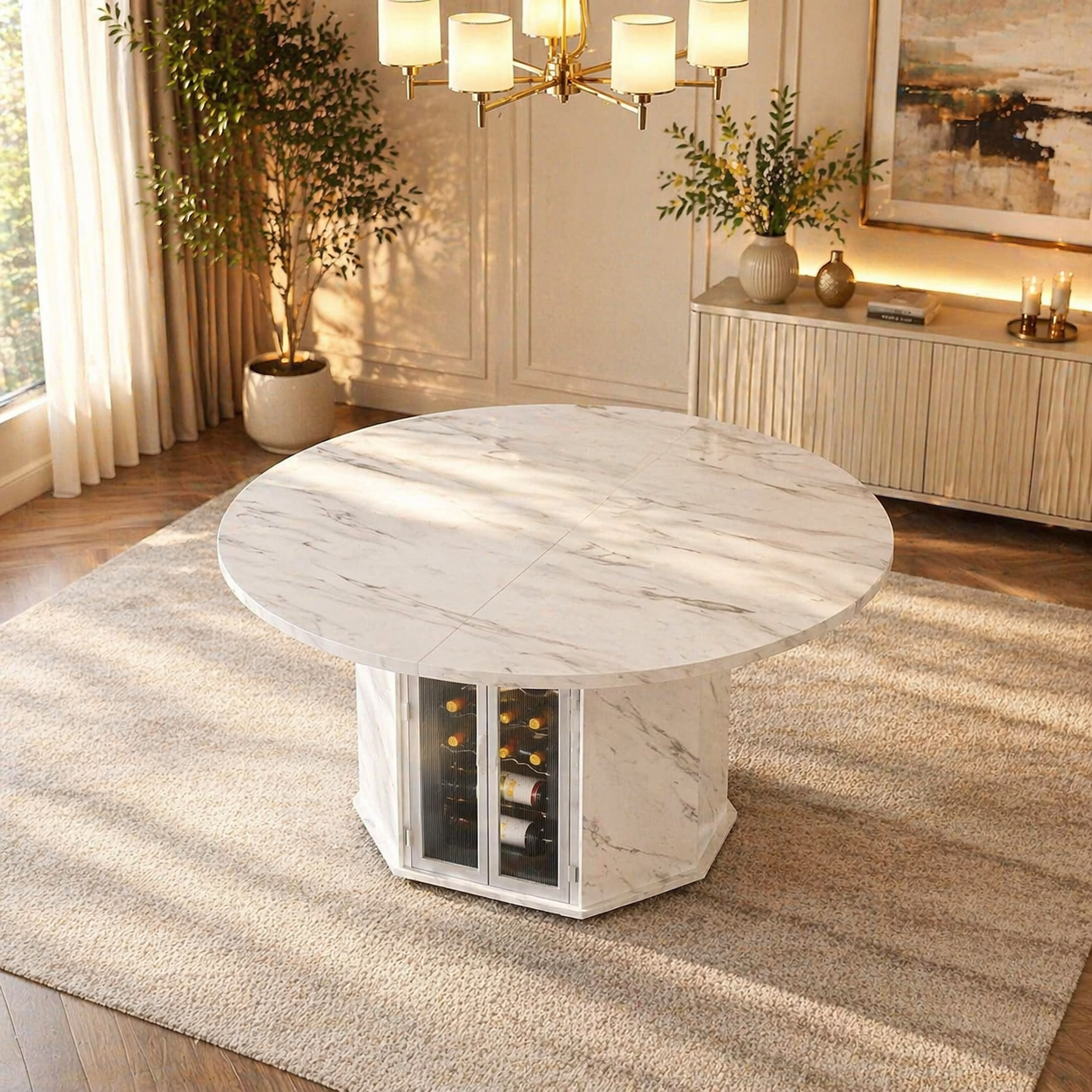 47" Round Faux Marble Dining Table Set with Storage & 4 Upholstered Chairs White