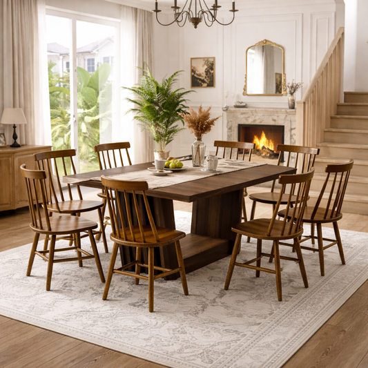 63 Inch Farmhouse Dining Table Set with 6 Windsor Chairs Walnut Brown Rectangular
