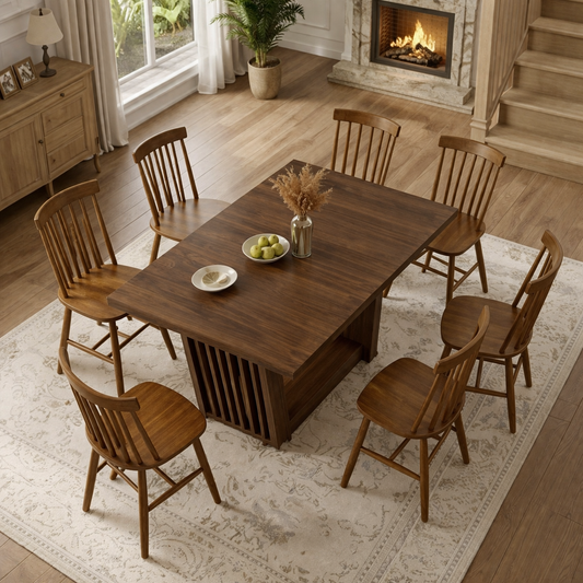 63 Inch Farmhouse Dining Table Set with 6 Windsor Chairs Walnut Brown Rectangular