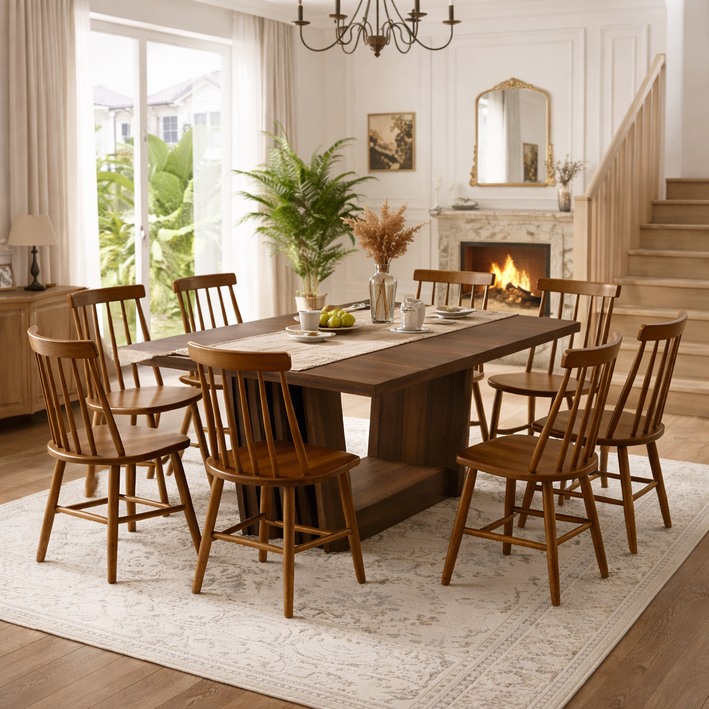 63 Inch Farmhouse Dining Table Set with 6 Windsor Chairs Walnut Brown Rectangular