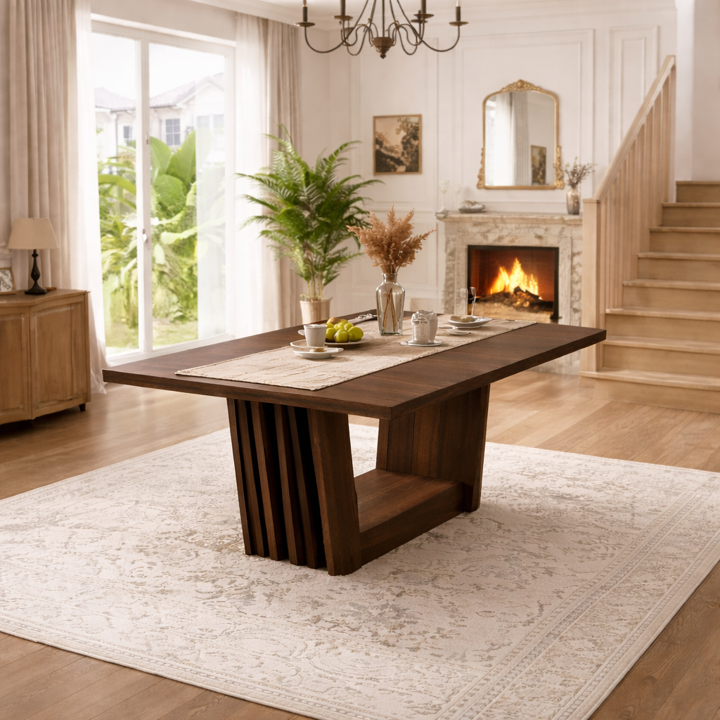 63 Inch Farmhouse Dining Table Set with 6 Windsor Chairs Walnut Brown Rectangular