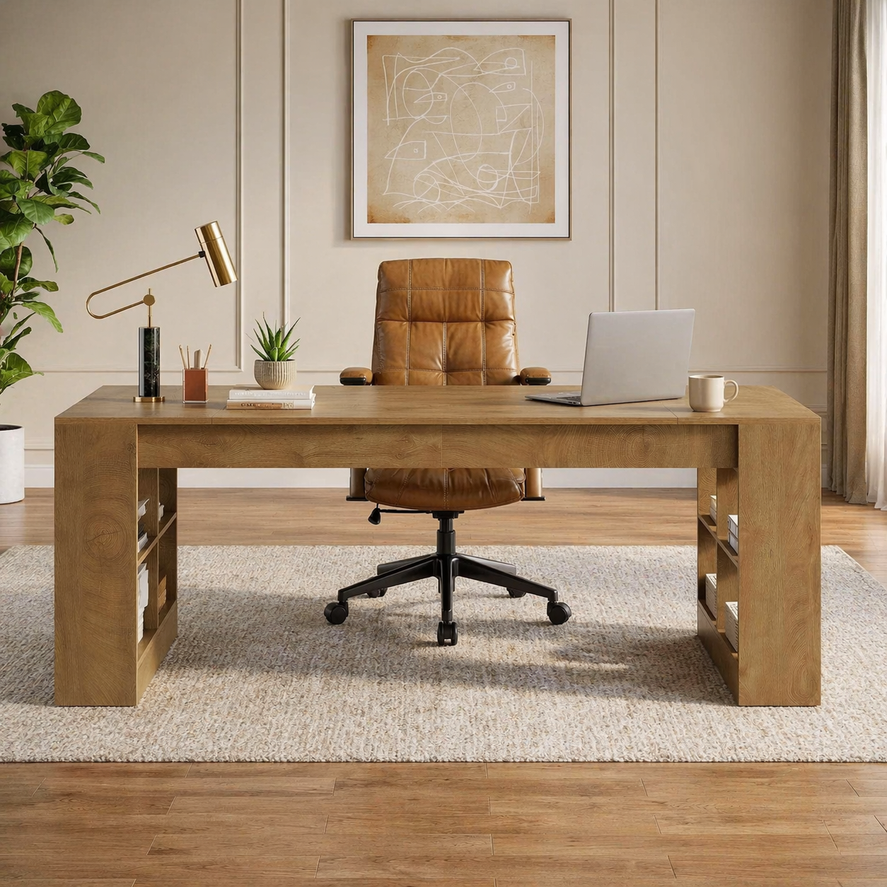 71" Executive Desk with Storage Shelves & Ergonomic High-Back Office Chair Set, Rustic Brown