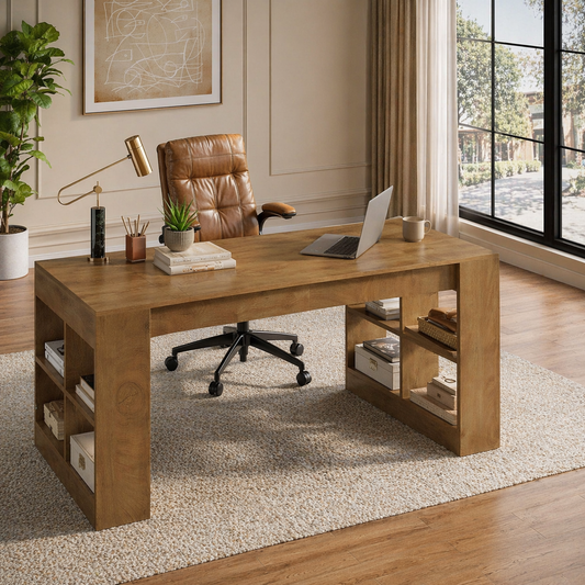 71" Executive Desk with Storage Shelves & Ergonomic High-Back Office Chair Set, Rustic Brown