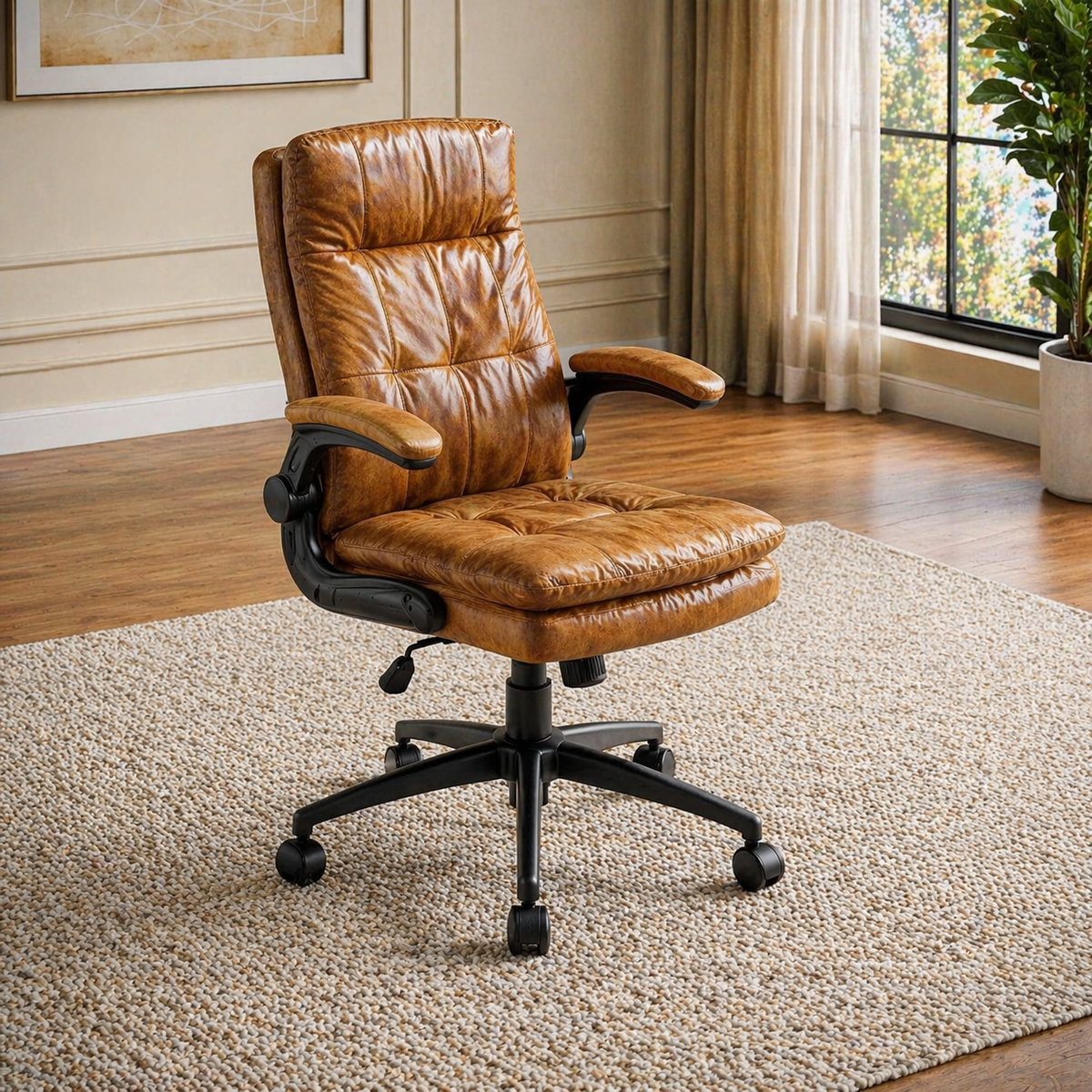 71" Executive Desk with Storage Shelves & Ergonomic High-Back Office Chair Set, Rustic Brown